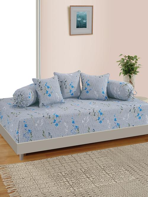 grey and blue floral diwan set with bolster and cushion covers (set of 6) - 16080139 - Very Small Image - 1