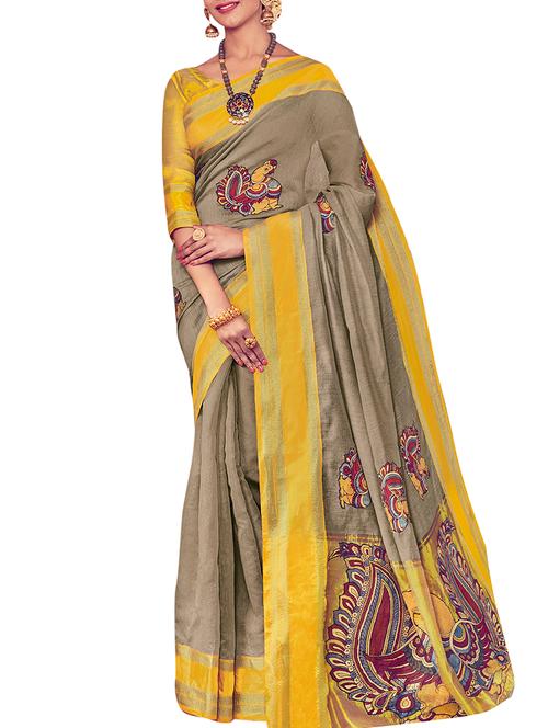 zari border kalamkari woven saree with blouse - 16080296 - Very Small Image - 1