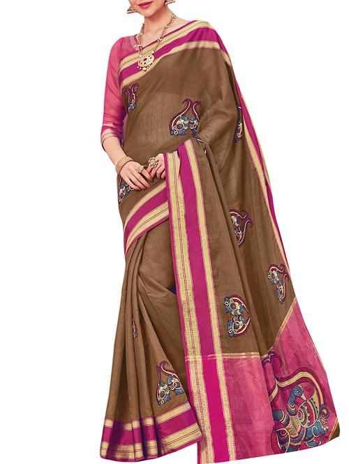 zari border kalamkari woven saree with blouse - 16080297 - Very Small Image - 1