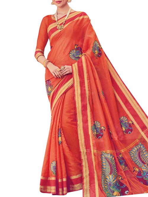 zari border kalamkari woven saree with blouse - 16080300 - Very Small Image - 1