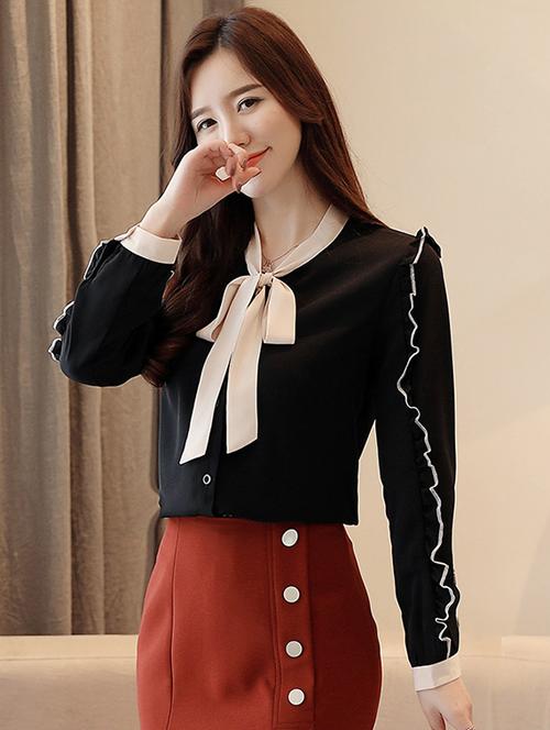 contrast tie knot ruffle detail top - 16081028 - Very Small Image - 1