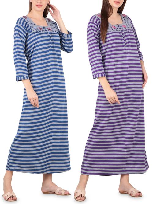 multi colored set of 2 striped nightwear gownsblend gowns & kimono - 16081862 - Very Small Image - 1