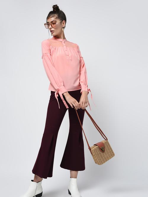 tie up sleeved dobby panel top - 16085163 - Very Small Image - 1