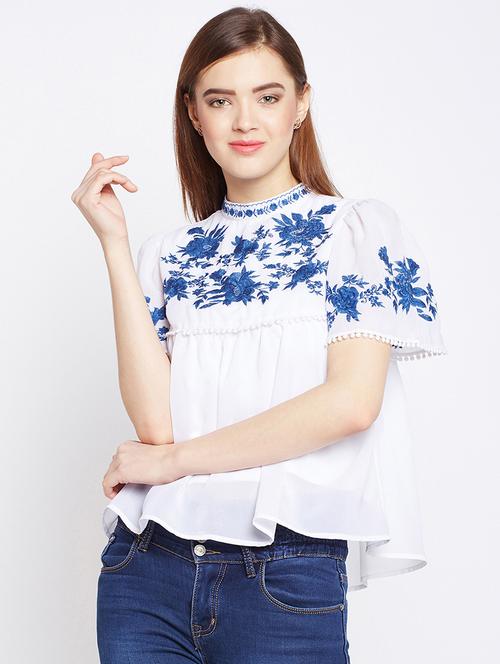 lace trim embroidered boxy top - 16085172 - Very Small Image - 1