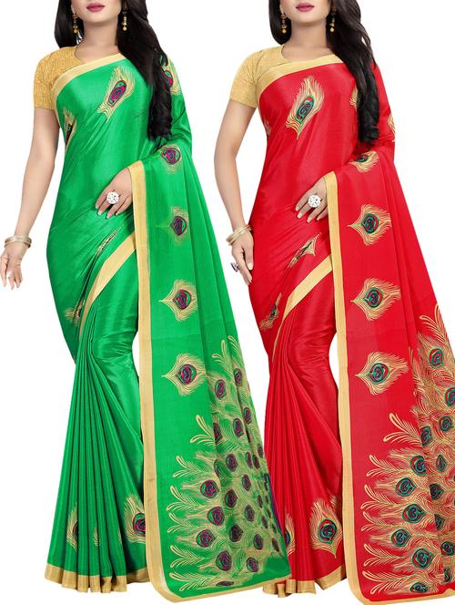 set of 2 multicolor printed saree combo with blouse - 16085691 - Very Small Image - 1