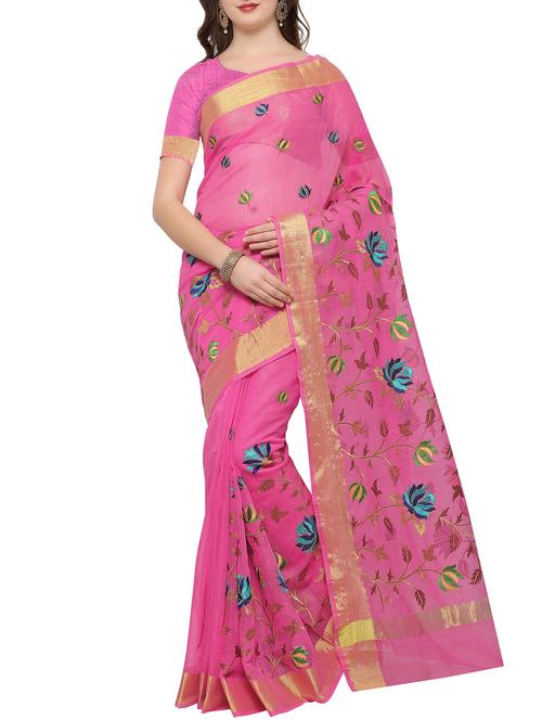 zari border embroidered saree with blouse - 16086640 - Very Small Image - 1