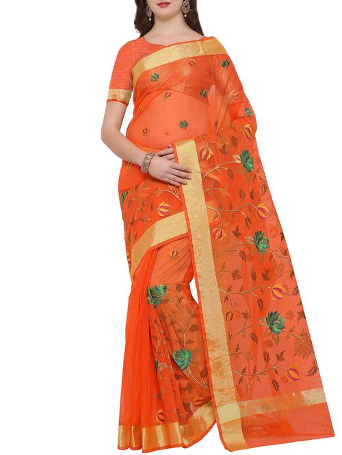 zari border embroidered saree with blouse - 16086641 - Very Small Image - 1