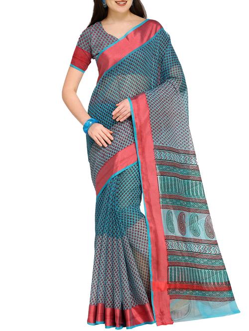 ethnic motifs printed saree with blouse - 16086651 - Very Small Image - 1
