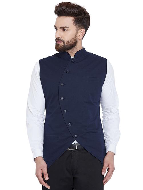 navy blue cotton nehru jacket - 16087059 - Very Small Image - 1