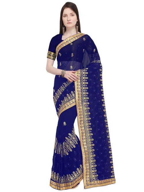 royal blue embroidered saree with blouse - 16087157 - Very Small Image - 1