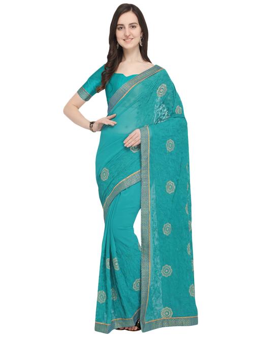 turquoise georgette embroidered saree with blouse - 16087175 - Very Small Image - 1