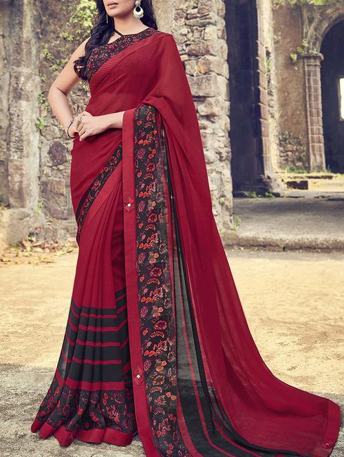 maroon floral printed saree with blouse - 16087887 - Very Small Image - 1