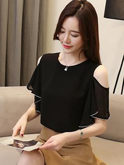 contrast piped ruffle sleeved top - 16089257 - Very Small Image - 1