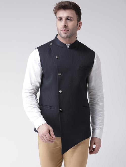 navy blue solid nehru jacket - 16089809 - Very Small Image - 1