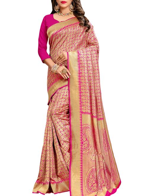 zari motifs pink banarasi saree with blouse - 16090094 - Very Small Image - 1