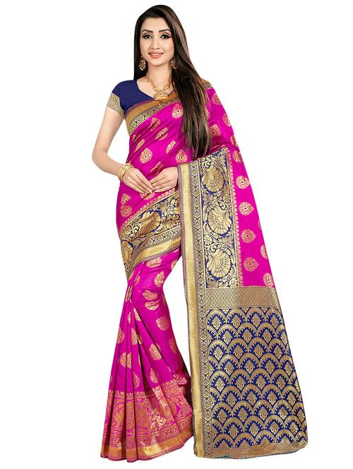 contrast zari border banarasi saree with blouse - 16090109 - Very Small Image - 1