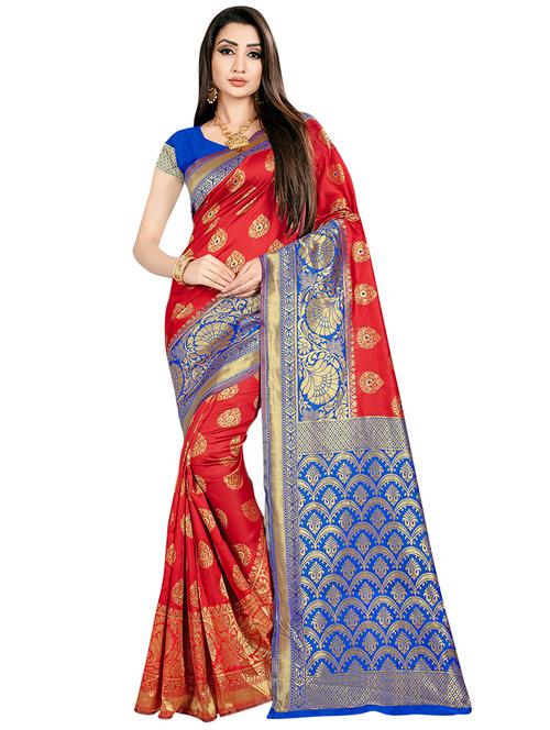 contrast zari border banarasi saree with blouse - 16090113 - Very Small Image - 1