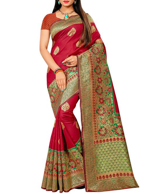 floral zari border banarasi saree with blouse - 16090121 - Very Small Image - 1