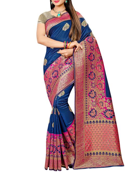 floral zari border banarasi saree with blouse - 16090123 - Very Small Image - 1