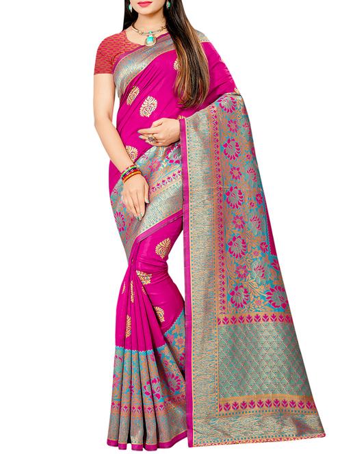 floral zari border banarasi saree with blouse - 16090125 - Very Small Image - 1