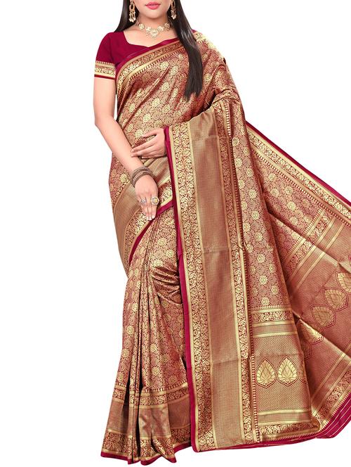 floral zari motif banarasi saree with blouse - 16090130 - Very Small Image - 1