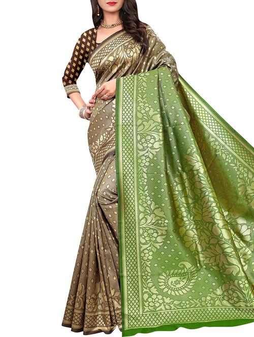 contrast zari pallu banarasi saree with blouse - 16090136 - Very Small Image - 1