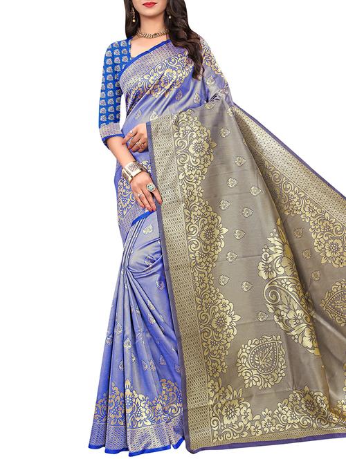 contrast zari pallu banarasi saree with blouse - 16090137 - Very Small Image - 1