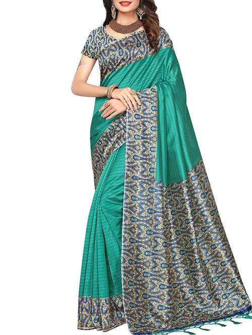 green silk printed saree with blouse - 16090242 - Very Small Image - 1