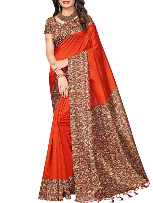 orange silk printed saree with blouse - 16090244 - Very Small Image - 1