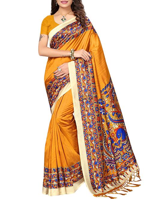 yellow silk printed saree with blouse - 16090256 - Very Small Image - 1