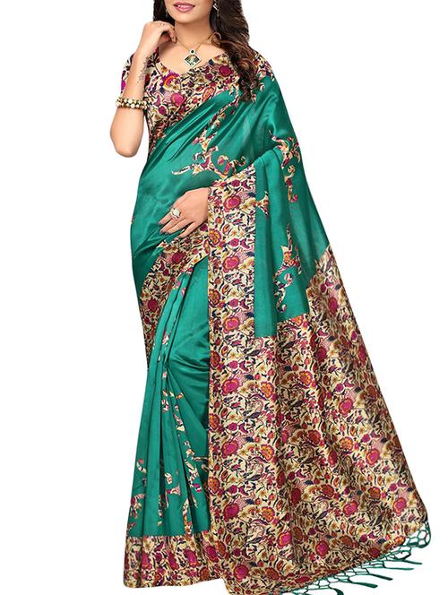 green silk printed saree with blouse - 16090257 - Very Small Image - 1