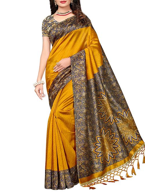 yellow silk printed saree with blouse - 16090266 - Very Small Image - 1