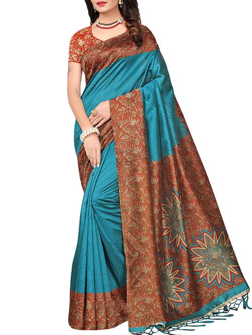 turquoise silk printed saree with blouse - 16090267 - Very Small Image - 1