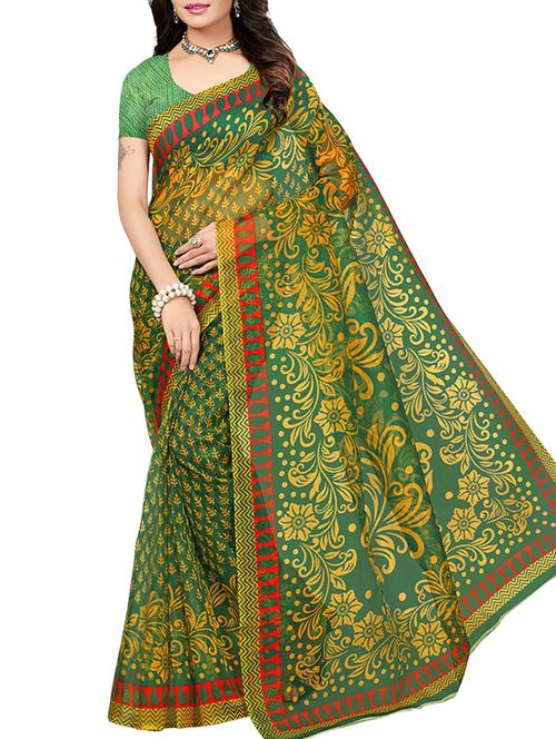 yellow net printed saree with blouse - 16090269 - Very Small Image - 1