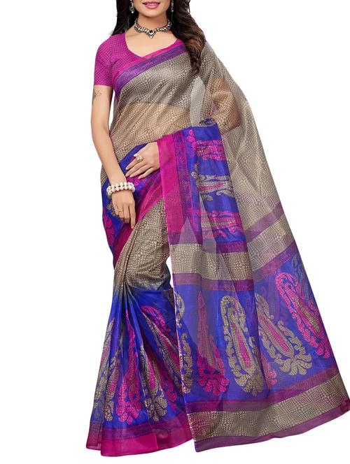 grey net printed saree with blouse - 16090276 - Very Small Image - 1