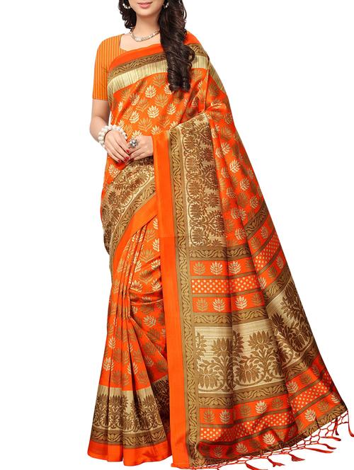orange silk printed saree with blouse - 16090284 - Very Small Image - 1