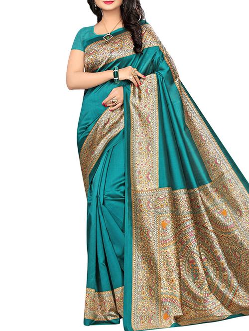 turquoise art silk printed saree with blouse - 16090387 - Very Small Image - 1