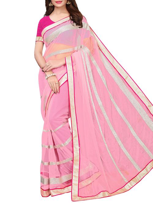 pink georgette printed saree with blouse - 16090494 - Very Small Image - 1