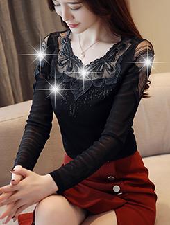 lace panel v-neck top - 16090956 - Very Small Image - 1