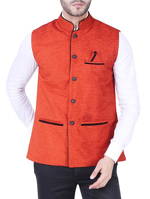 orange velvet nehru jacket - 16090990 - Very Small Image - 1