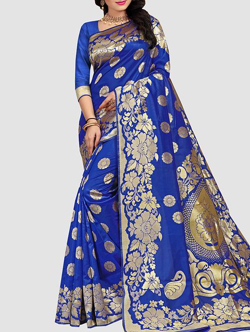 floral zari motif blue woven saree - 16091574 - Very Small Image - 1
