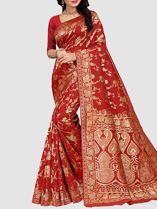floral zari motif red woven saree - 16091575 - Very Small Image - 1