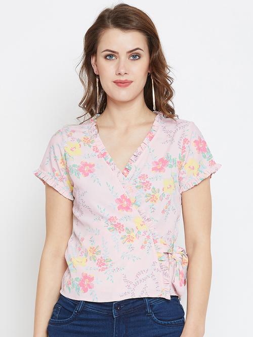 frill trim floral wrap top - 16091952 - Very Small Image - 1