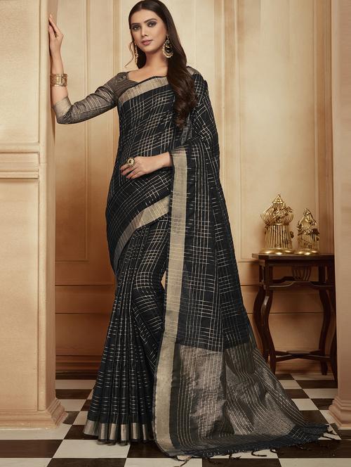 checkered zari motif kanjivaram saree with blouse - 16092838 - Very Small Image - 1