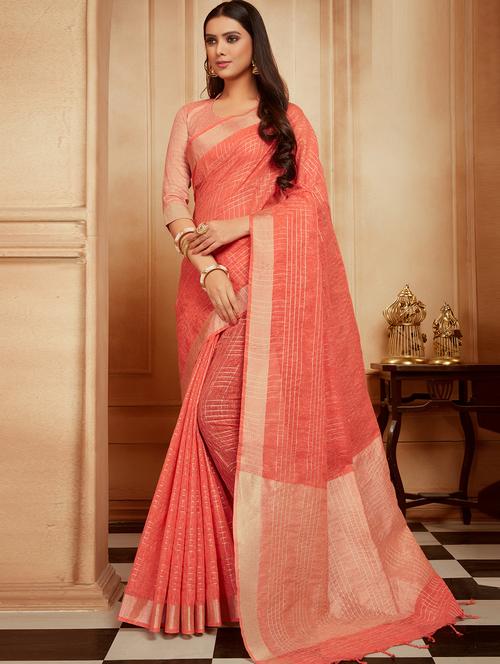 checkered zari motif peach kanjivaram saree with blouse - 16092839 - Very Small Image - 1