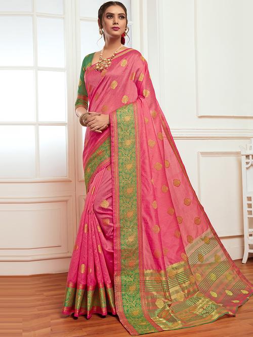 floral zari motif pink kanjivaram saree with blouse - 16092841 - Very Small Image - 1