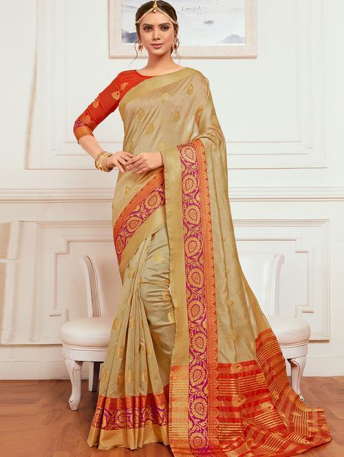 floral zari border cream kanjivaram saree with blouse - 16092844 - Very Small Image - 1