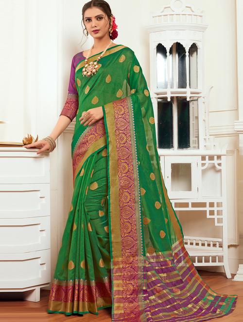 contrast zari border green kanjivaram saree with blouse - 16092845 - Very Small Image - 1
