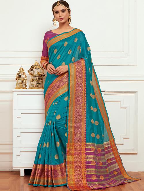 contrast zari border sky blue kanjivaram saree with blouse - 16092846 - Very Small Image - 1
