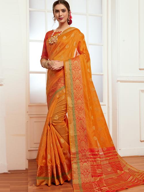 floral zari border orange kanjivaram saree with blouse - 16092847 - Very Small Image - 1
